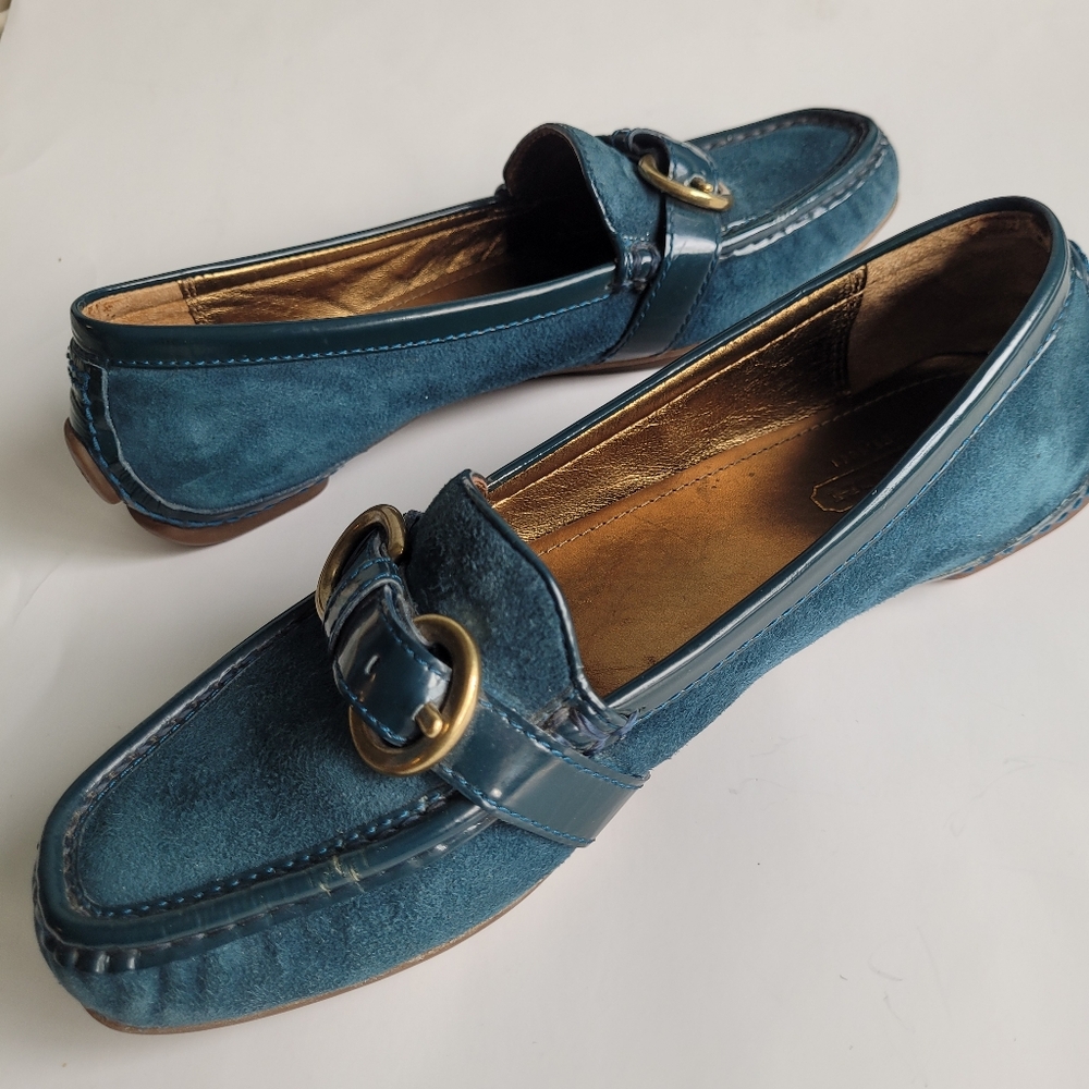 Women's Teal Suede Loafers with Buckle Accent - Picture 10 of 13